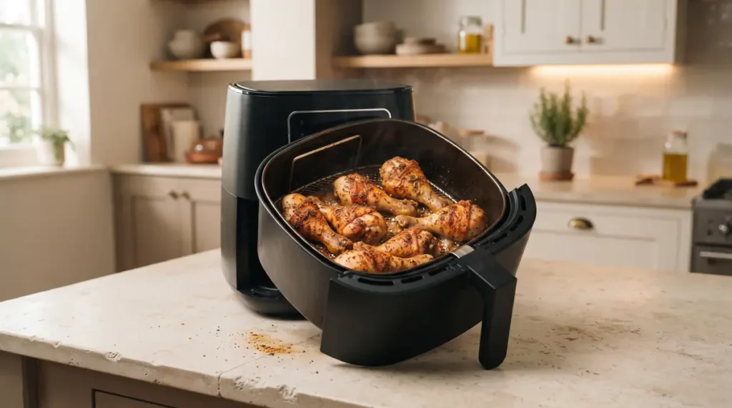 Cooked chicken drumsticks in an air fryer basket