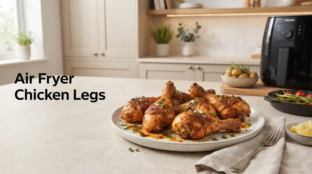 Deliciously cooked chicken legs on a plate with herbs.
