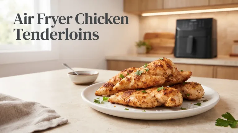 Juicy air fryer chicken tenderloins on a white plate with herbs.