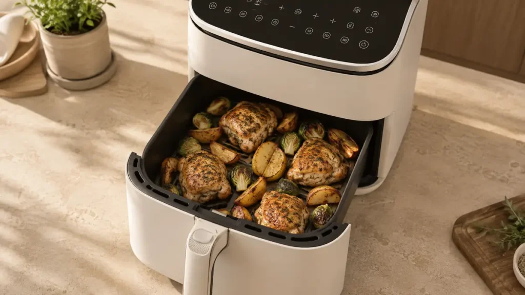 Air fryer cooking chicken and vegetables