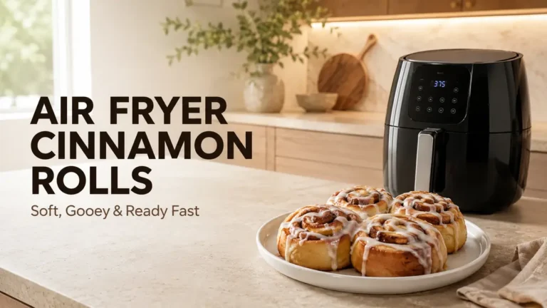 Delicious cinnamon rolls with icing on a plate next to an air fryer.