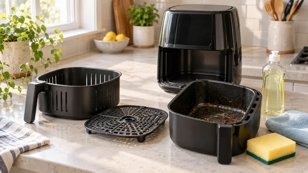 air fryer cleaning setup in a bright kitchen