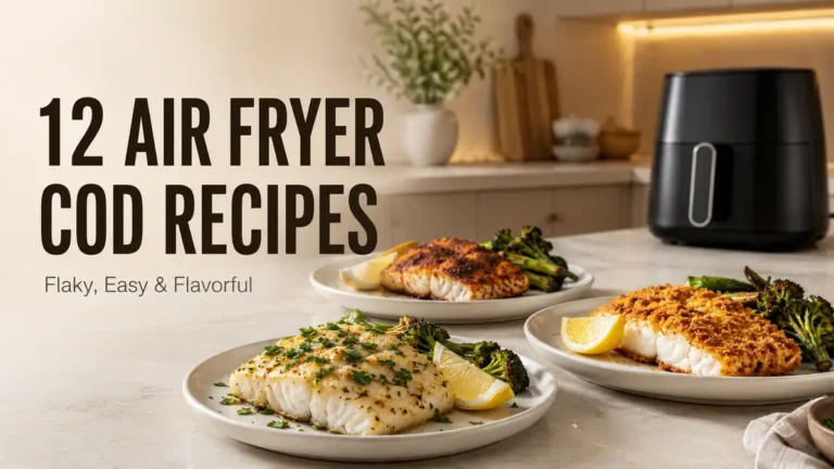 Three plates of cod dishes with lemon and vegetables, beside an air fryer.
