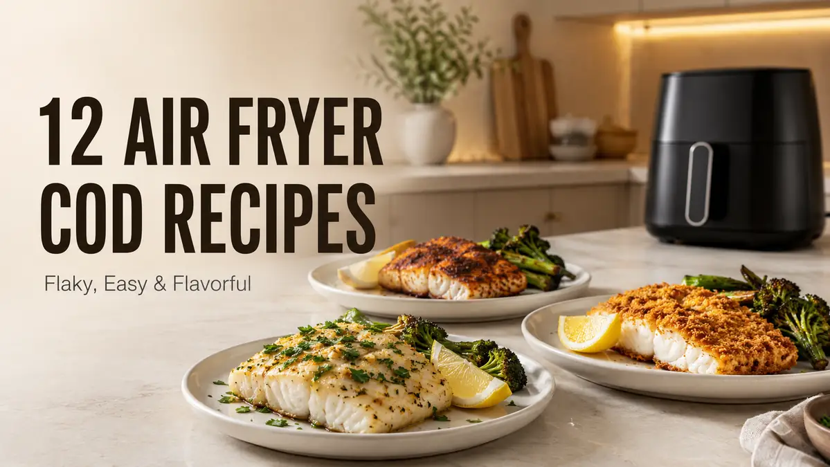 Three plates of cod dishes with lemon and vegetables, beside an air fryer.