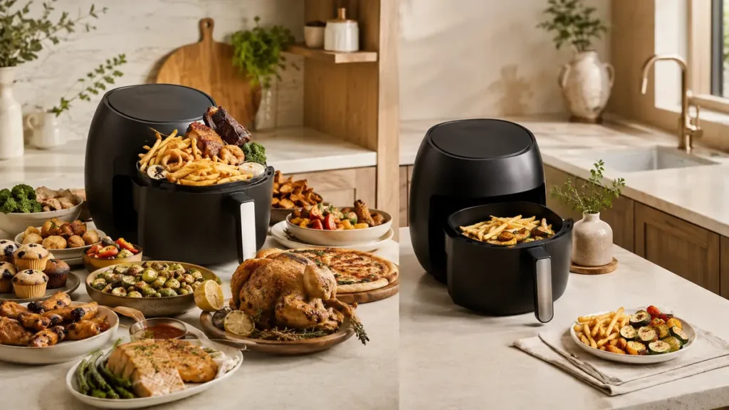 An air fryer overflowing with fries beside an array of cooked foods.