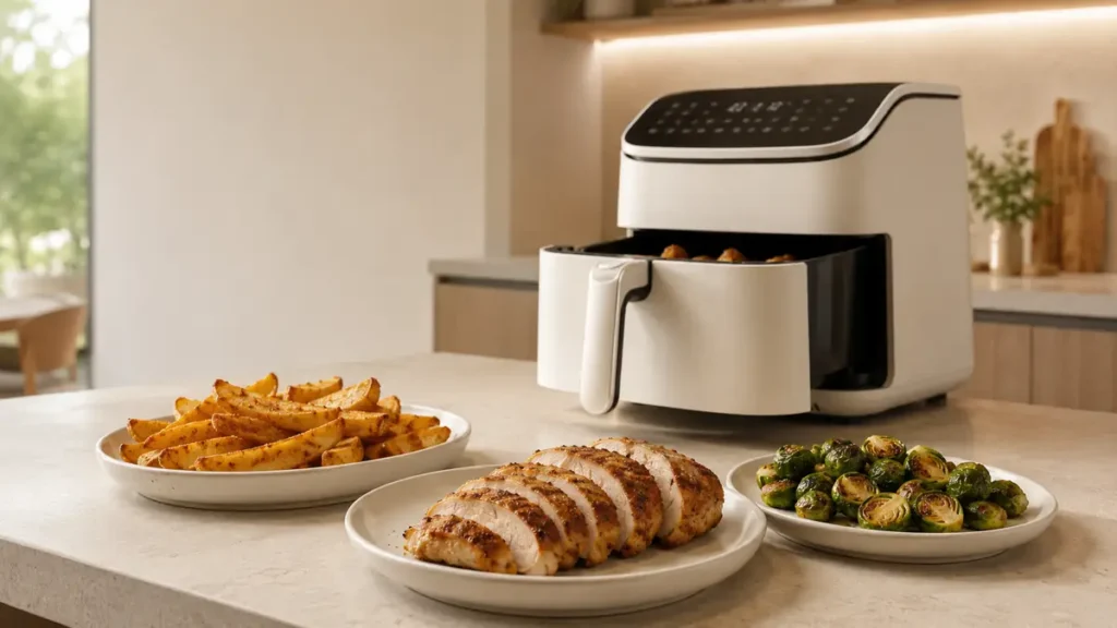 Air fryer with chicken and sides on a kitchen countertop