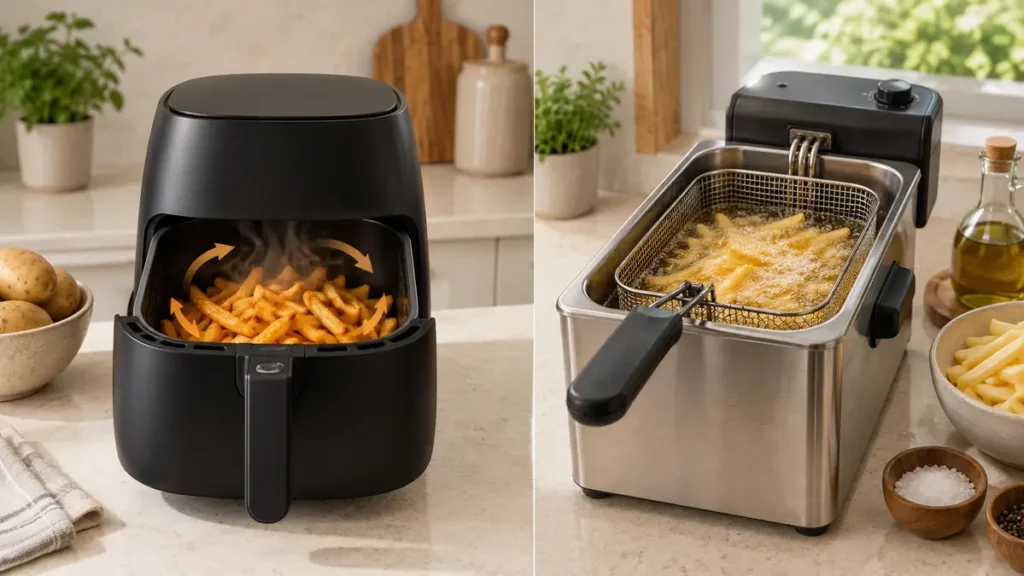 An air fryer and a deep fryer side by side with fries cooking.
