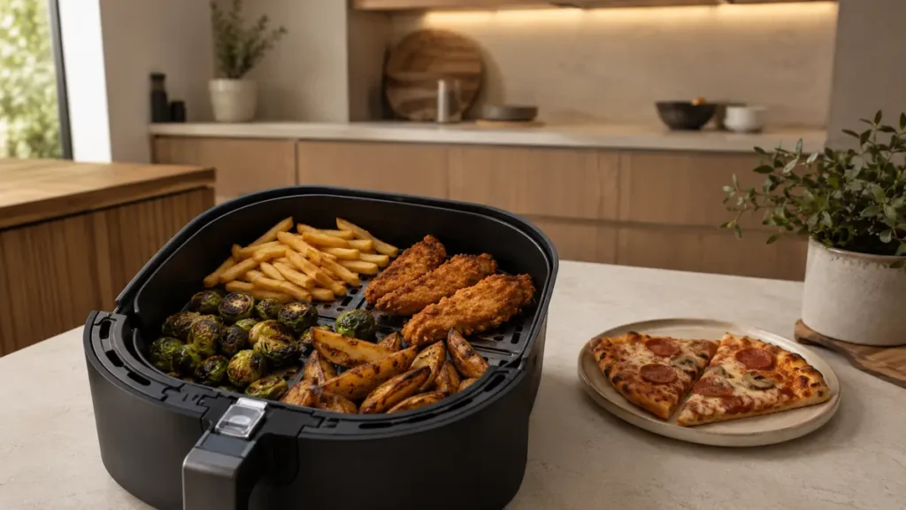 Air fryer with crispy chicken, fries, and vegetables on kitchen counter