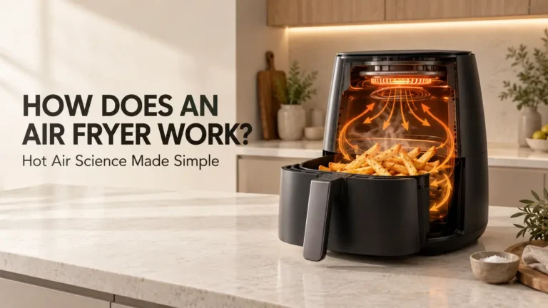 How does an air fryer work? 7 Air fryer with fries on the counter demonstrating its functionality.