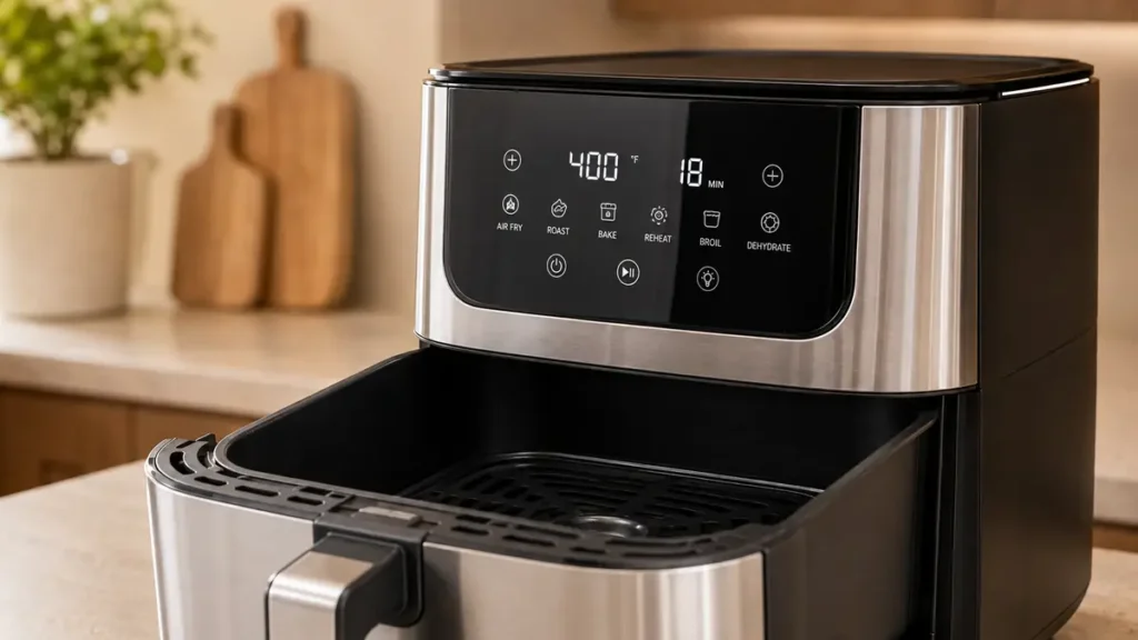 Modern air fryer showing control panel and cooking basket.