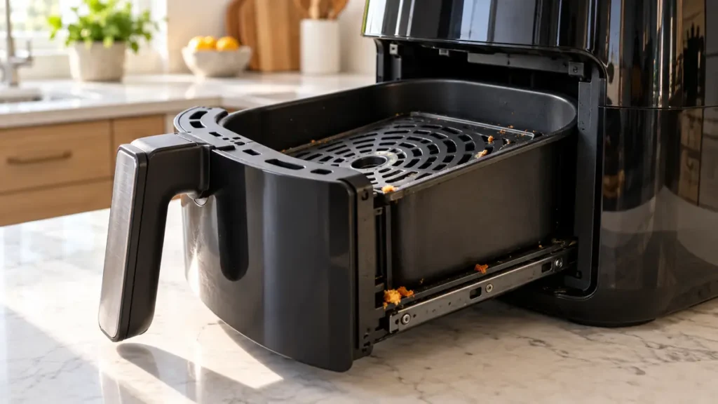 Opened air fryer drawer showing crumbs and grease.