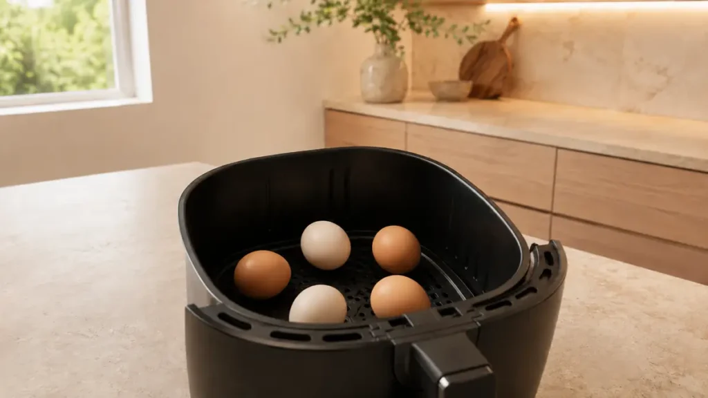 Five eggs in an air fryer basket on a kitchen countertop.
