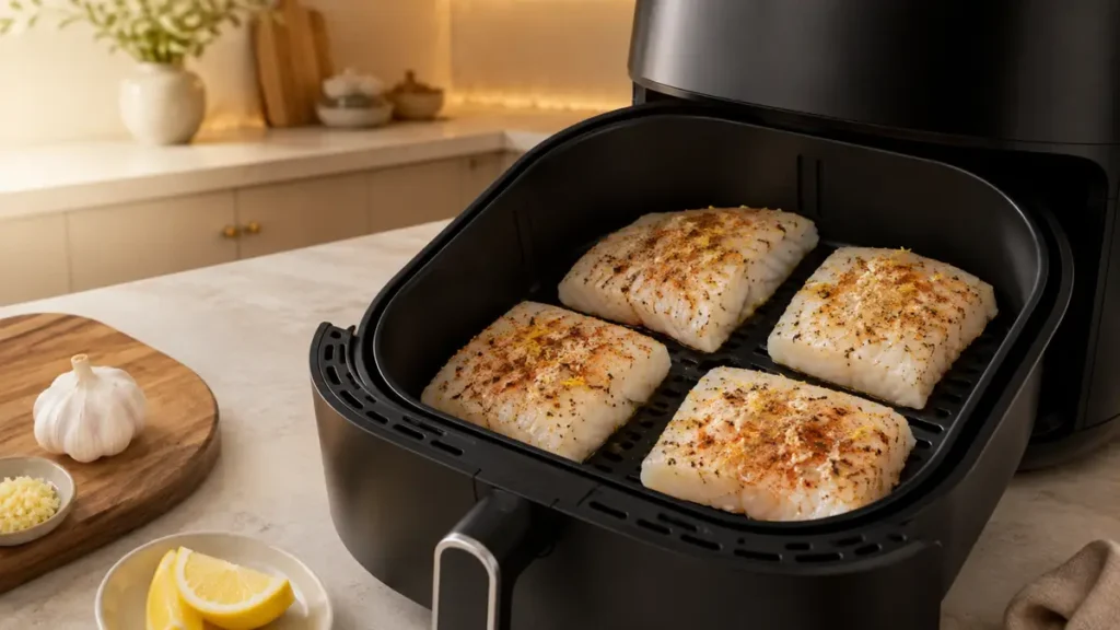 Fish fillets cooking in an air fryer basket