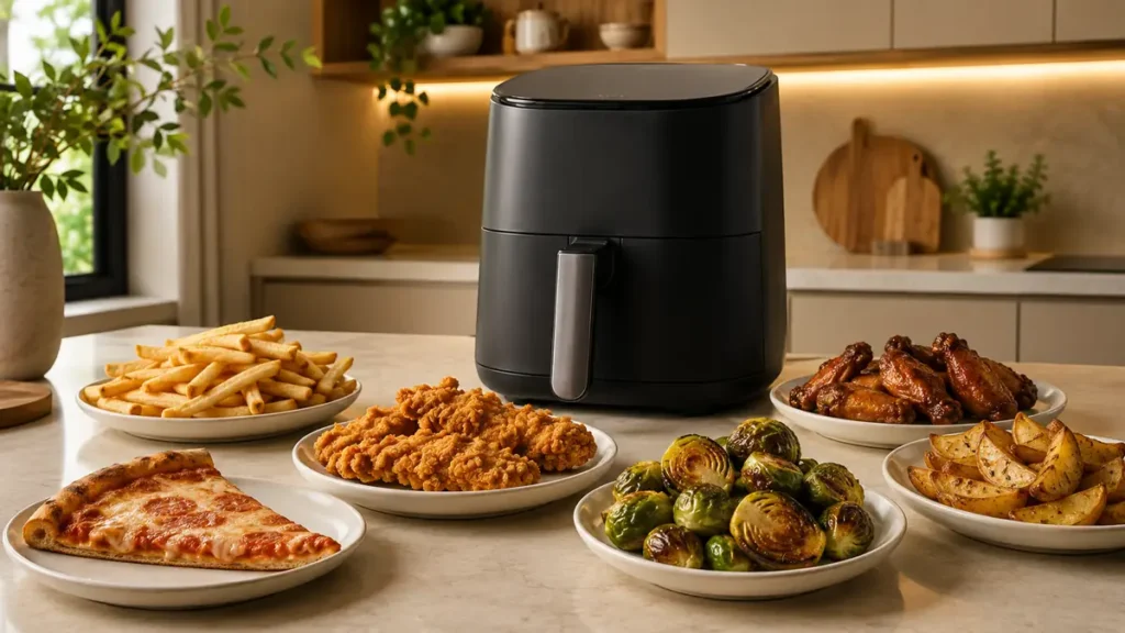 An air fryer surrounded by fried food, pizza, and vegetables.