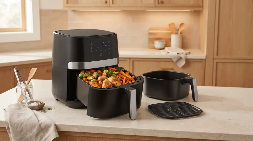 Black air fryer with food basket filled with vegetables and chicken.
