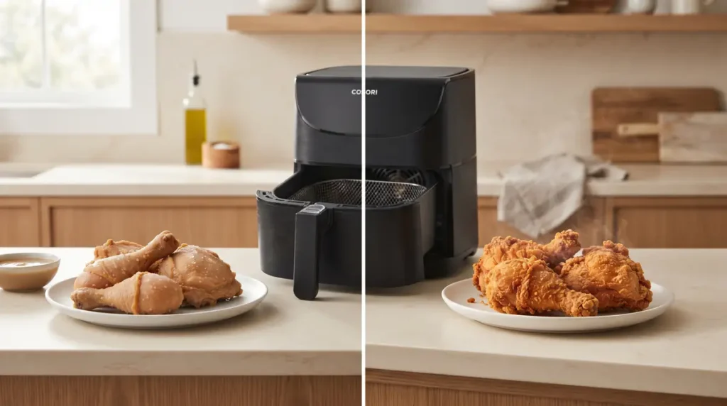 How to Reheat Fried Chicken in Air Fryer: Crispy & Juicy 2 Air fryer beside plates of fried chicken.