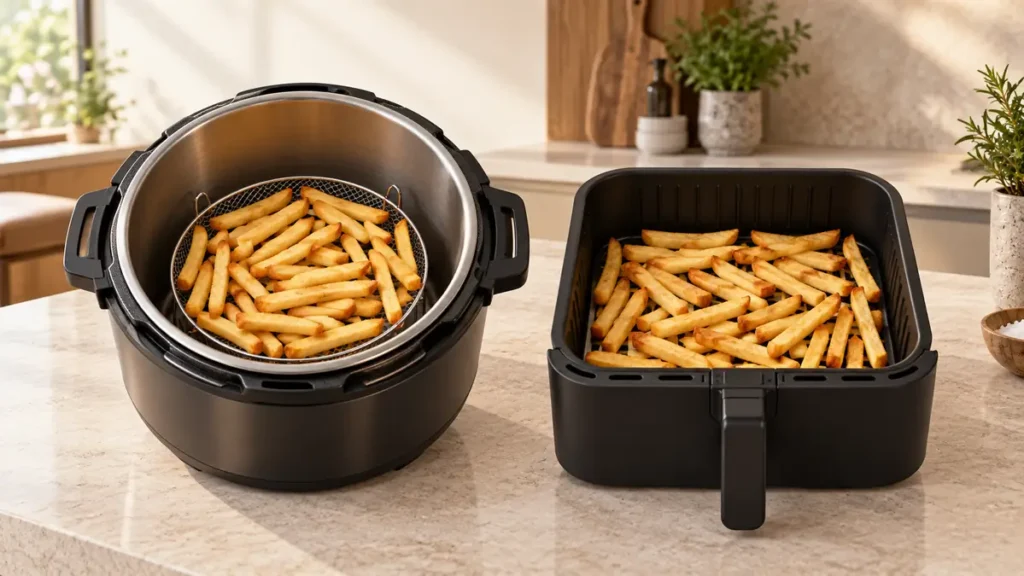 Two air fryer baskets filled with golden brown French fries
