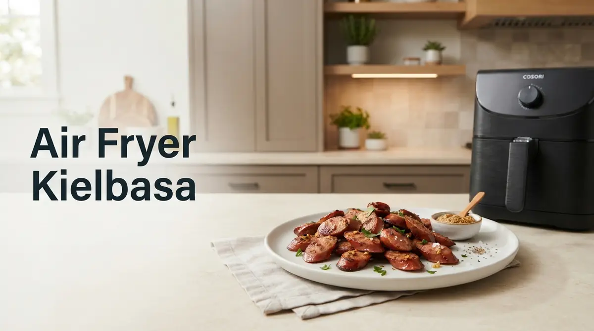 Cooked kielbasa served on a white plate with seasoning.