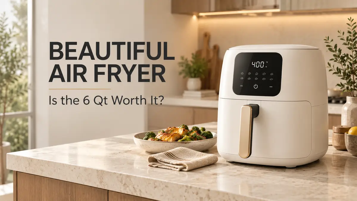 White air fryer on a kitchen counter with food.