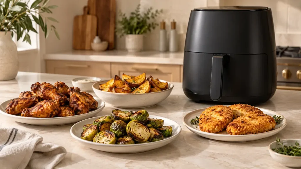 A spread of air-fried chicken, potatoes, Brussels sprouts, and a black air fryer.