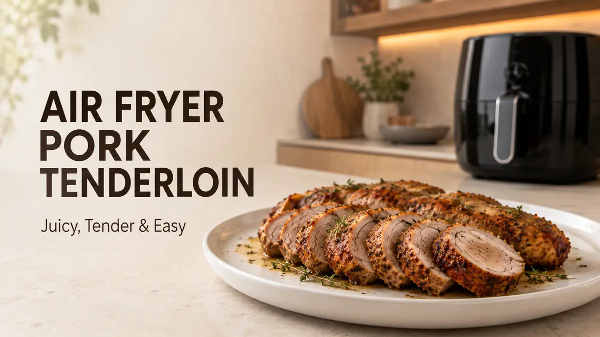 Sliced pork tenderloin on a plate with herbs