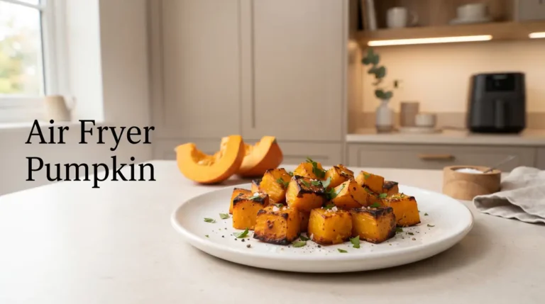 Delicious roasted pumpkin cubes on a white plate.
