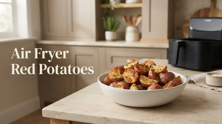 Bowl of air-fried red potatoes on a kitchen countertop