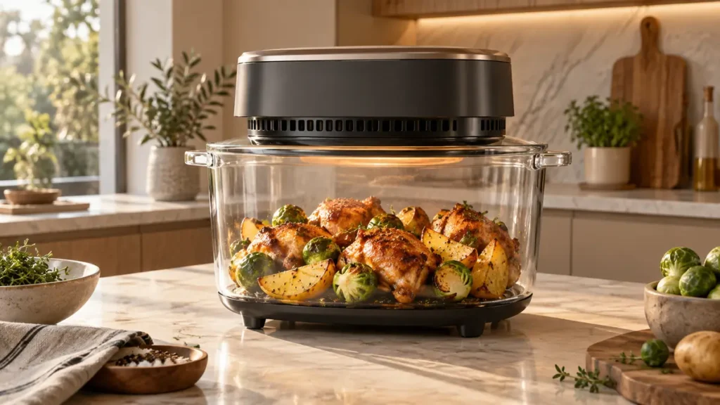 Air fryer with roasted chicken and vegetables on a kitchen countertop