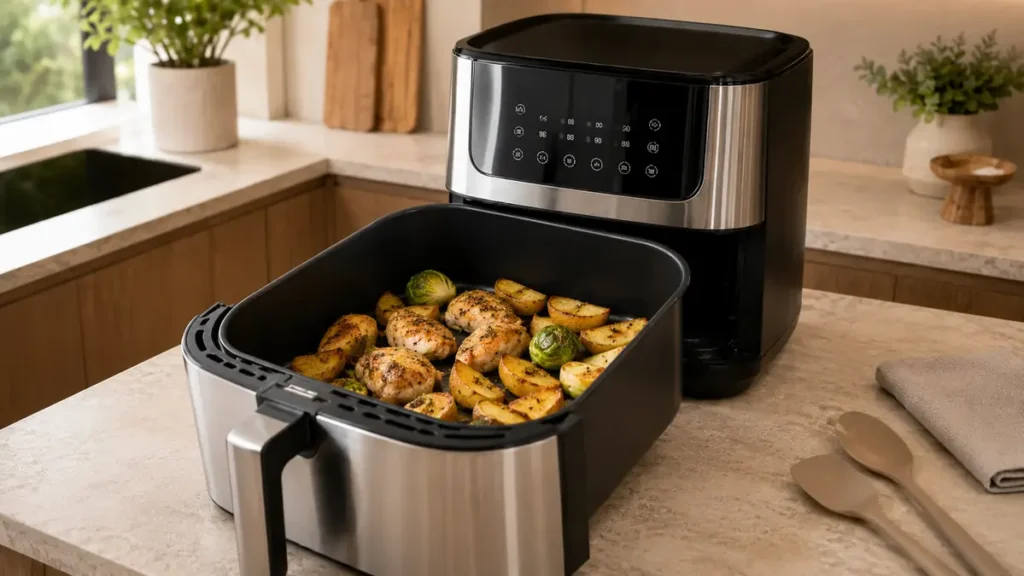 Air fryer with golden roasted potatoes and Brussels sprouts in a kitchen setting
