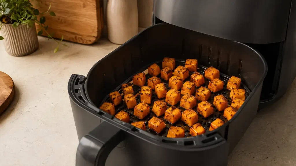 A close-up of cubed roasted vegetables in an air fryer basket.