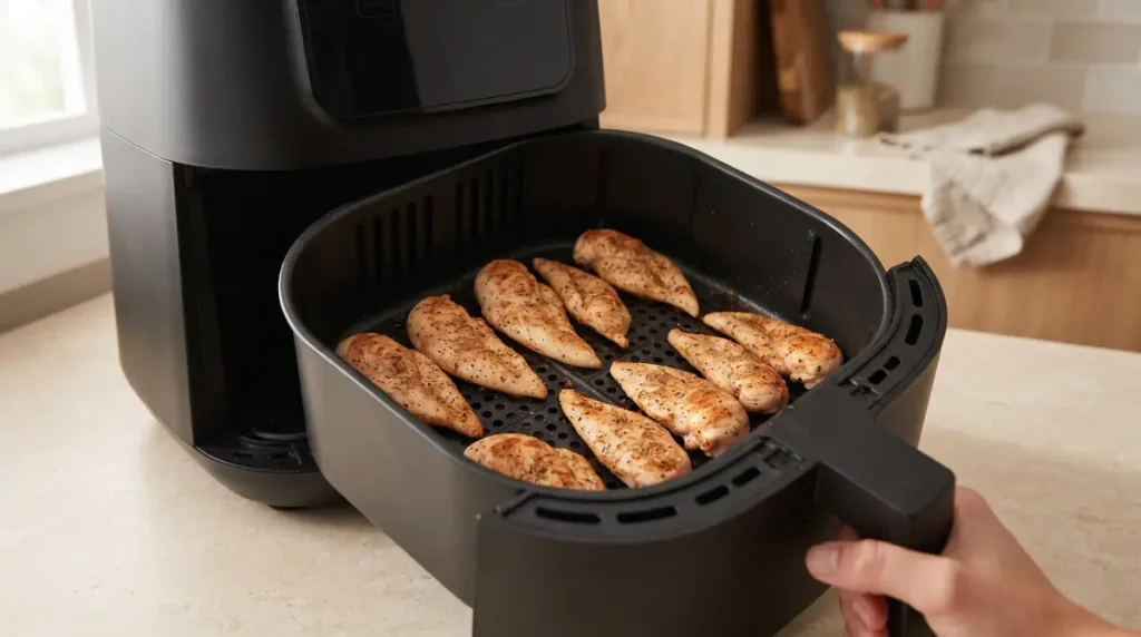 Cooked seasoned chicken fillets in an air fryer basket