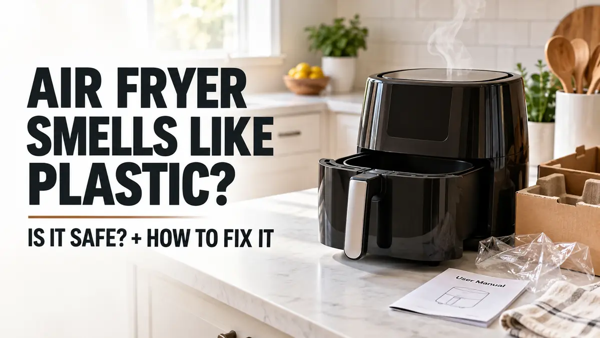 Air fryer on a kitchen countertop with a user manual