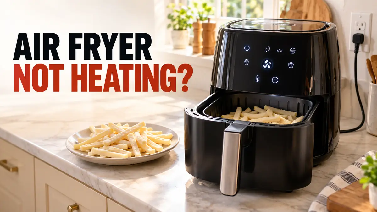 Air fryer with fries and a kitchen countertop in the background.