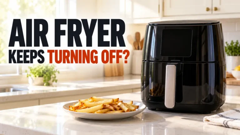 Black air fryer next to a plate of fries on a kitchen counter