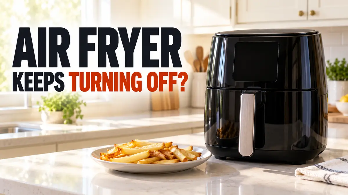 Black air fryer next to a plate of fries on a kitchen counter