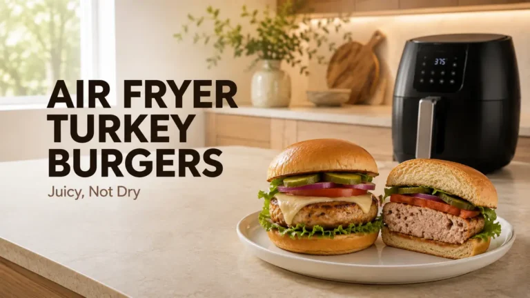 Two turkey burgers with toppings on a plate next to an air fryer.
