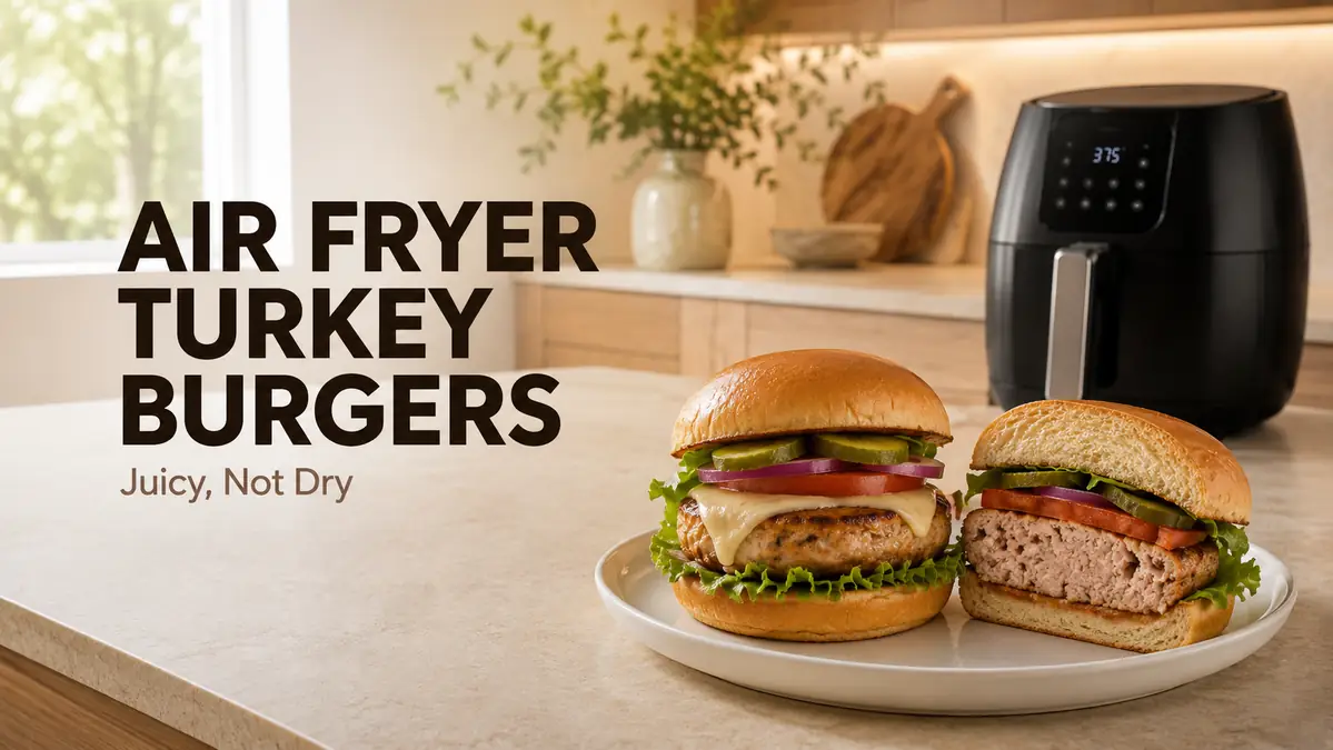 Two turkey burgers with toppings on a plate next to an air fryer.