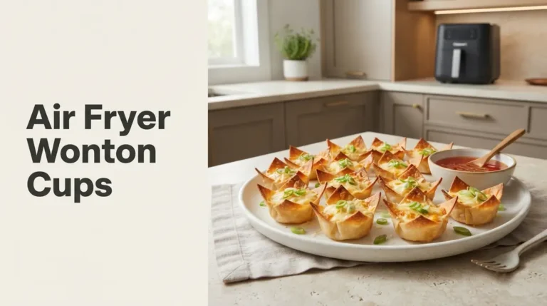 A platter of air fryer wonton cups garnished with green onions and served with dip.