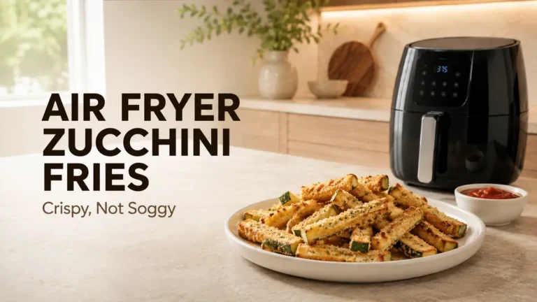 Plate of crispy zucchini fries beside a black air fryer