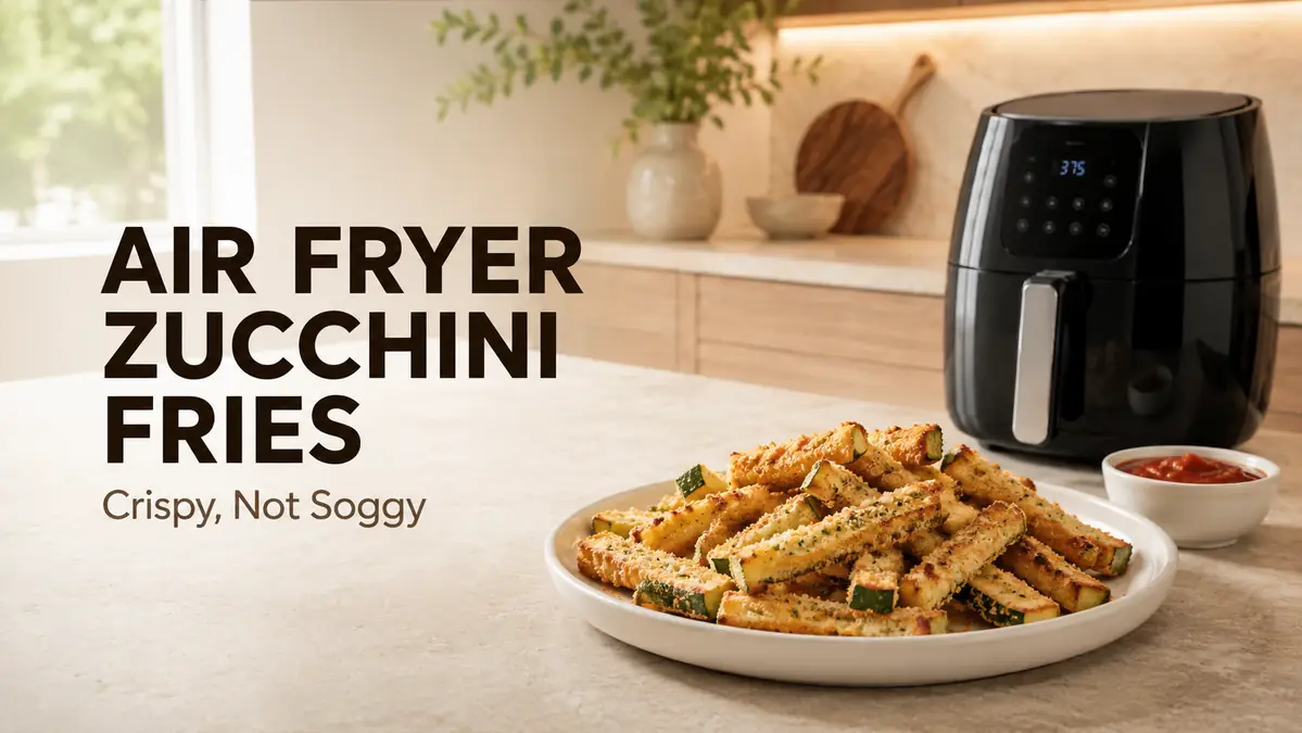 Plate of crispy zucchini fries beside a black air fryer