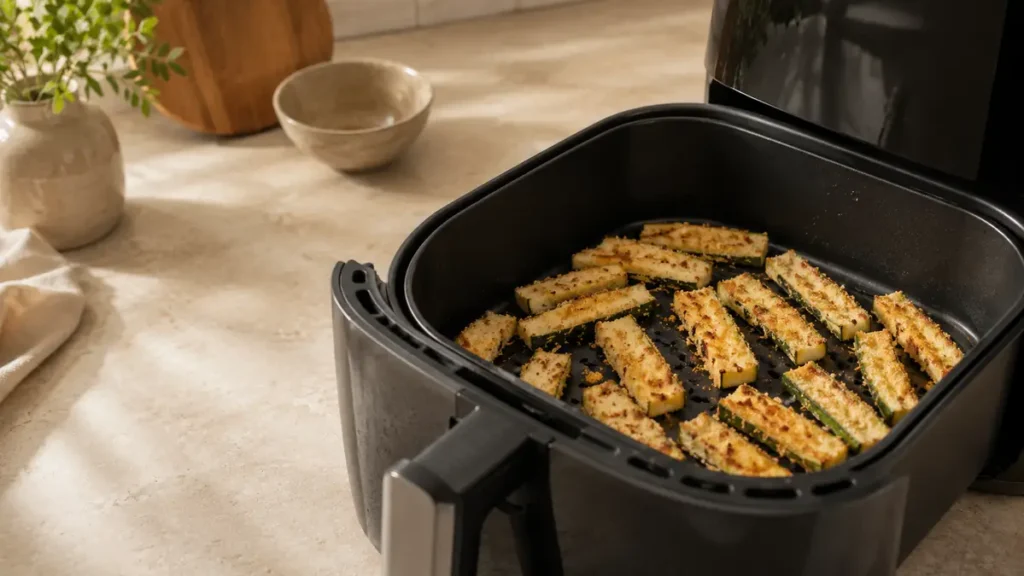 Air fryer basket filled with golden brown zucchini strips