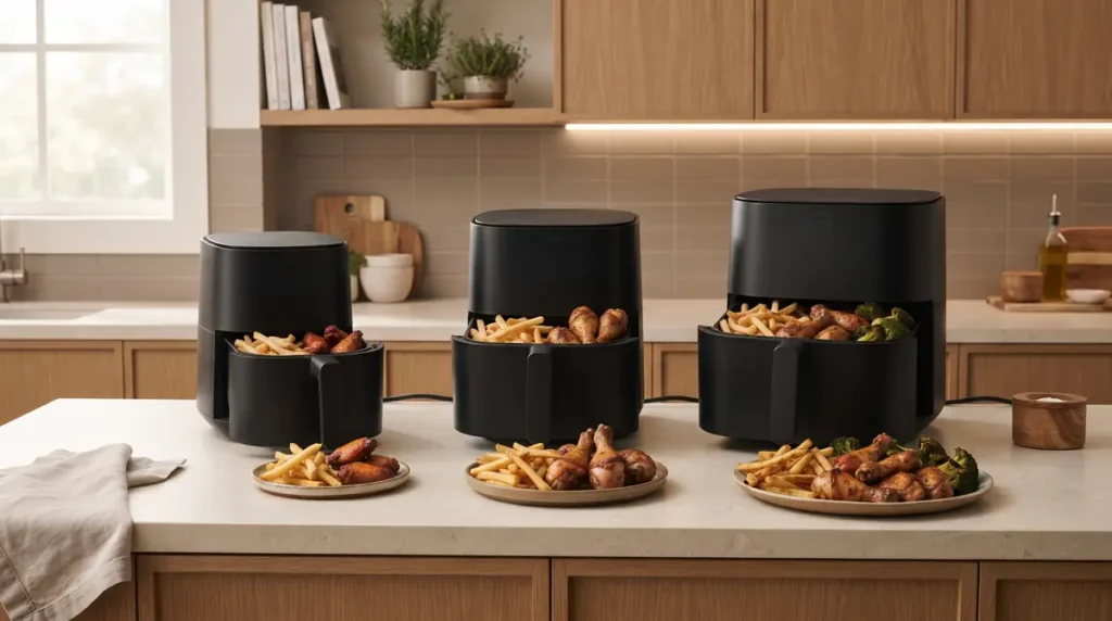 Three air fryers with fried food on a kitchen counter.