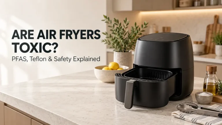 Black air fryer on a kitchen counter with lemons and olive oil nearby.