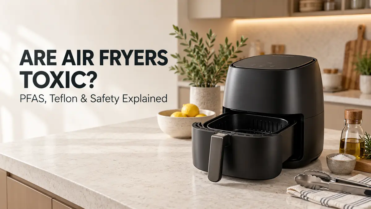 Black air fryer on a kitchen counter with lemons and olive oil nearby.