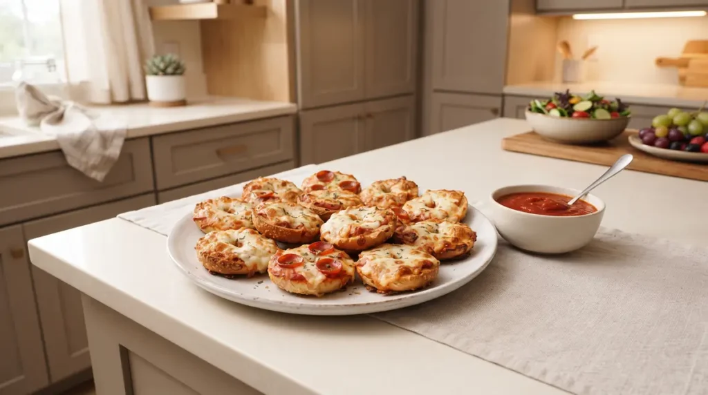Platter of bagel bites with pepperoni and cheese next to a bowl of sauce