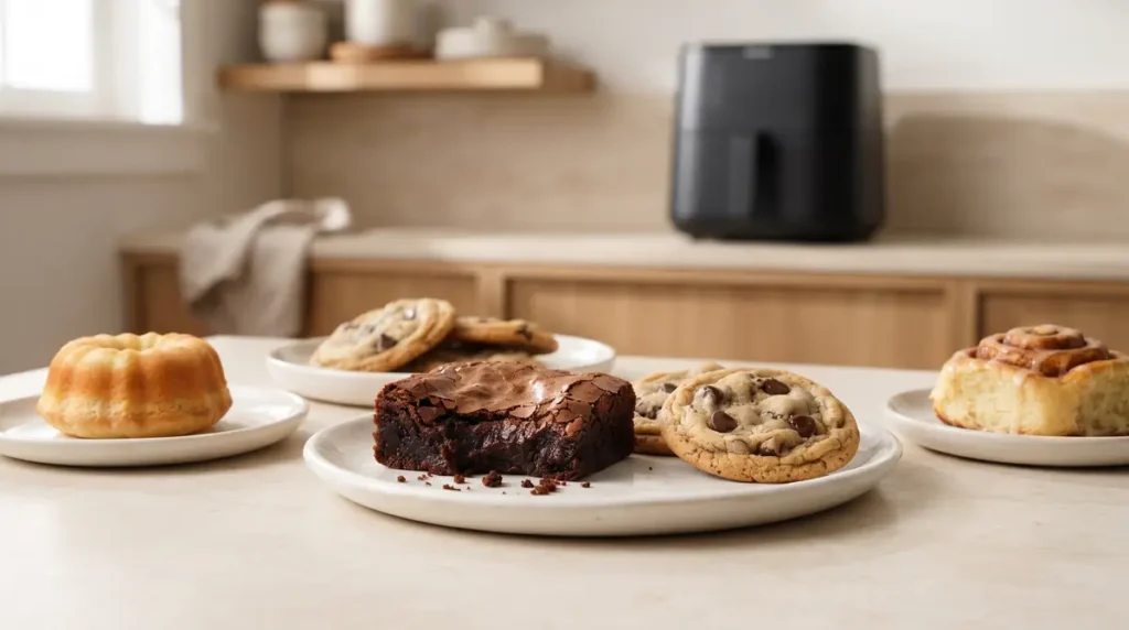 A plate of assorted baked desserts including brownies and cookies.
