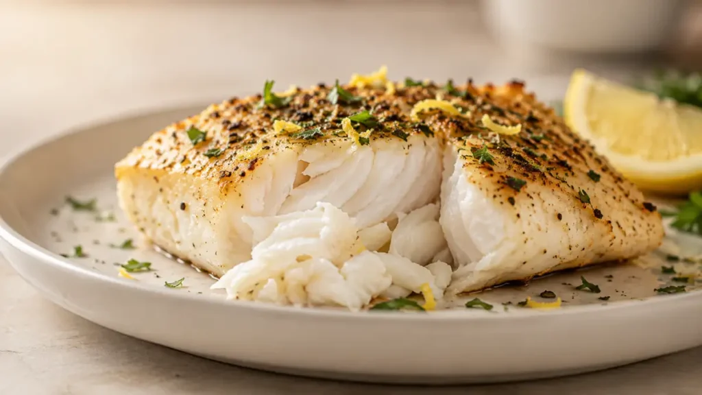 Baked white fish fillet garnished with herbs and lemon slices