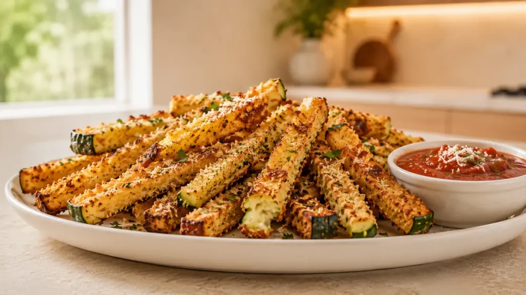 A plate of baked zucchini fries served with marinara sauce.