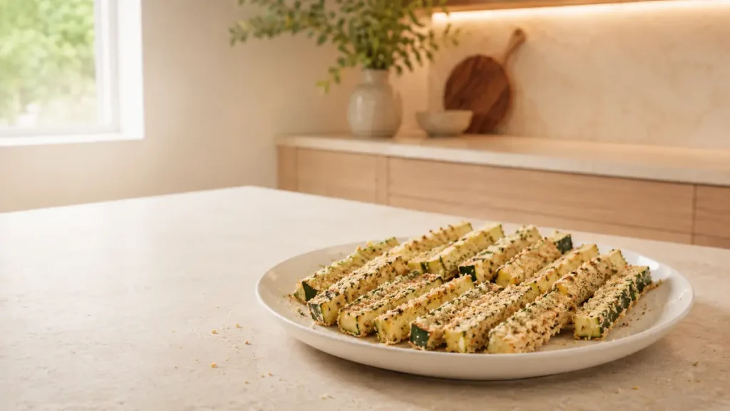 A plate of baked zucchini sticks garnished with herbs.