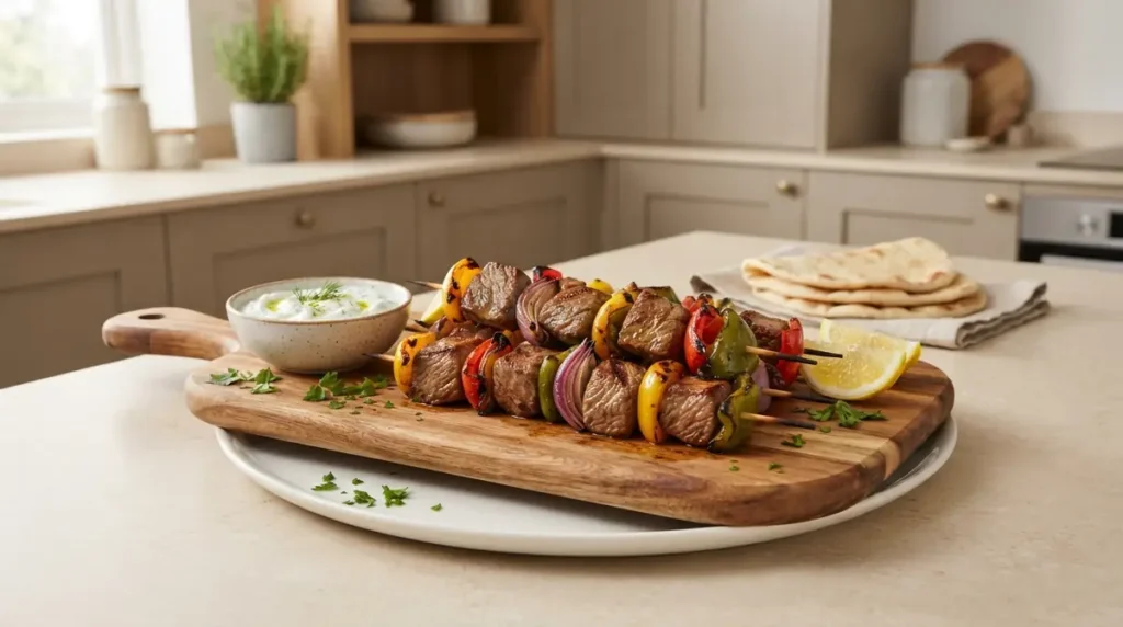 Juicy beef kabobs with vegetables on a wooden serving board.
